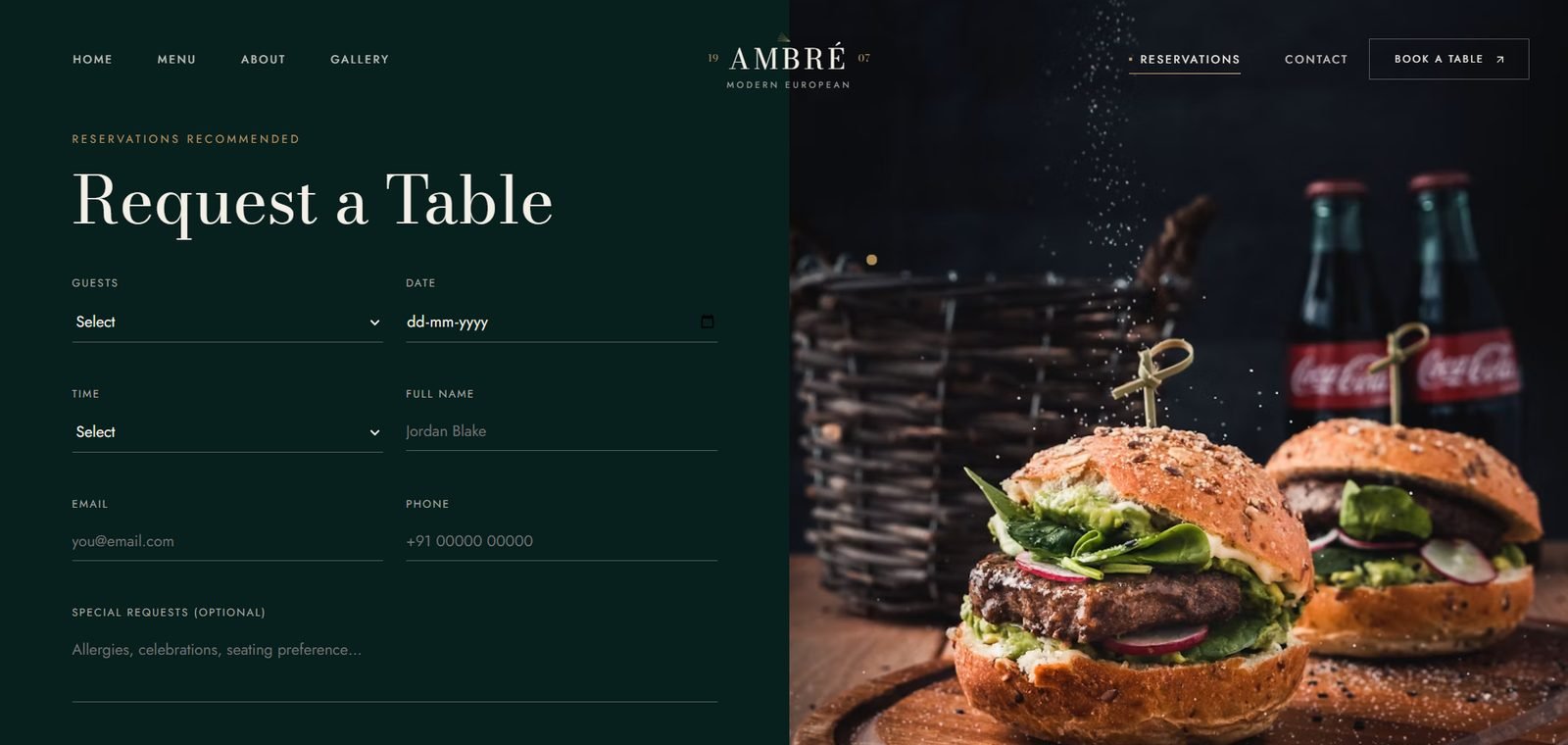 Amber Restaurant website screenshot 5