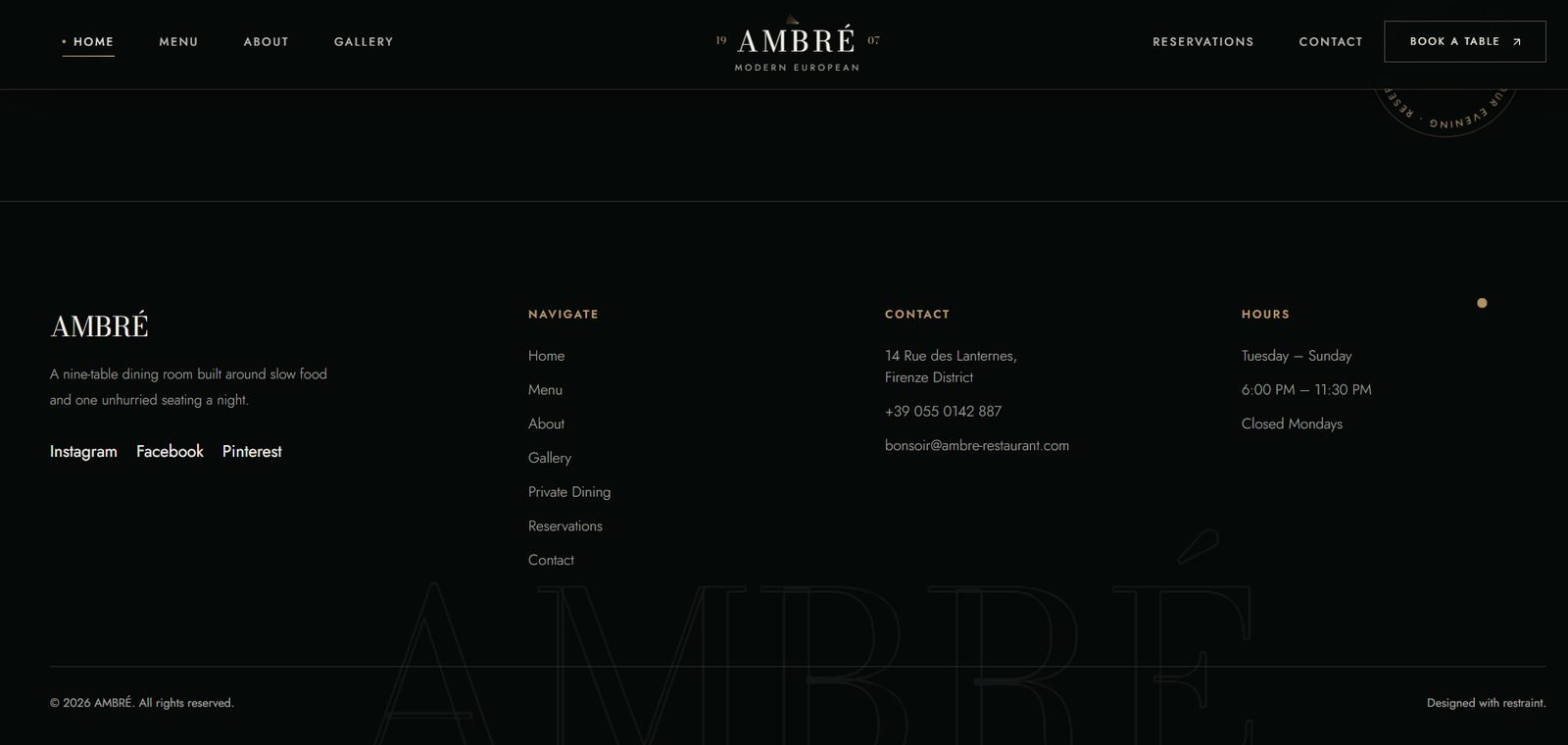 Amber Restaurant website screenshot 8