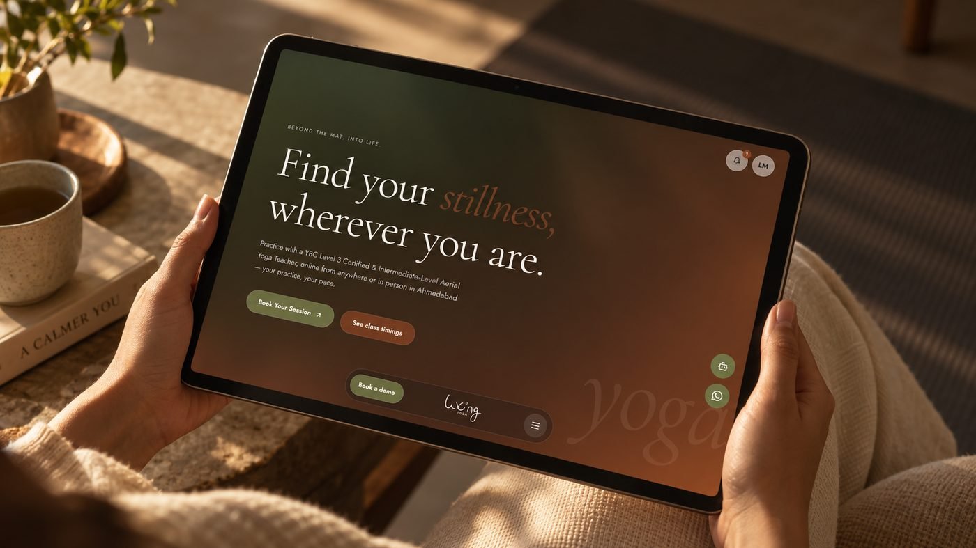 Living Yoga website shown on a tablet