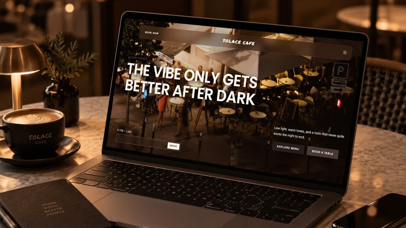 Solace Cafe website shown on a laptop