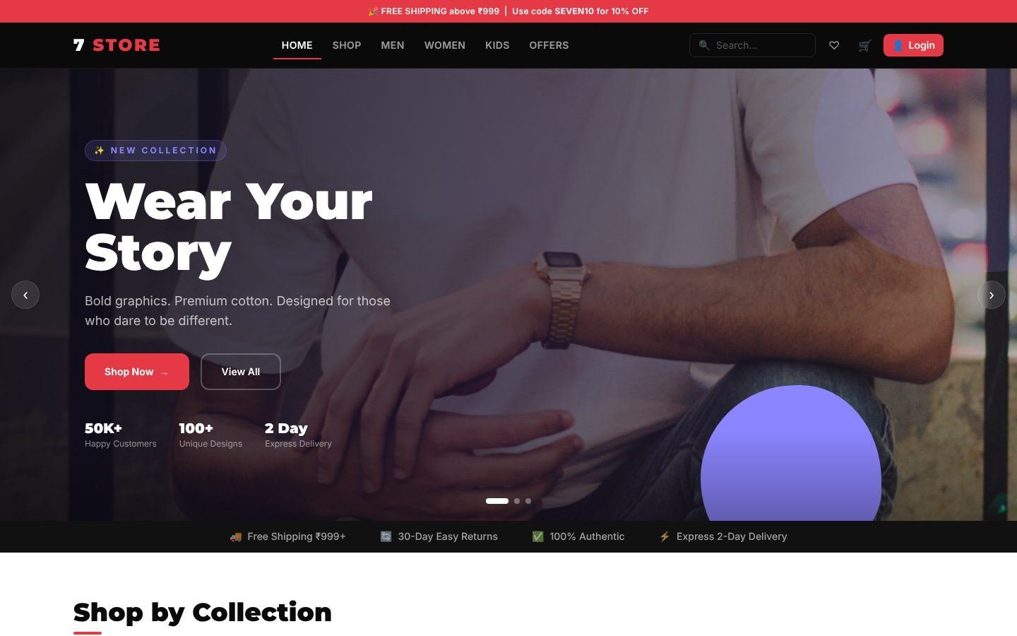 7 Store home page hero reading Wear Your Story