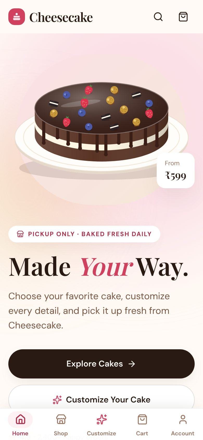 Cheesecake home page on a phone with bottom navigation