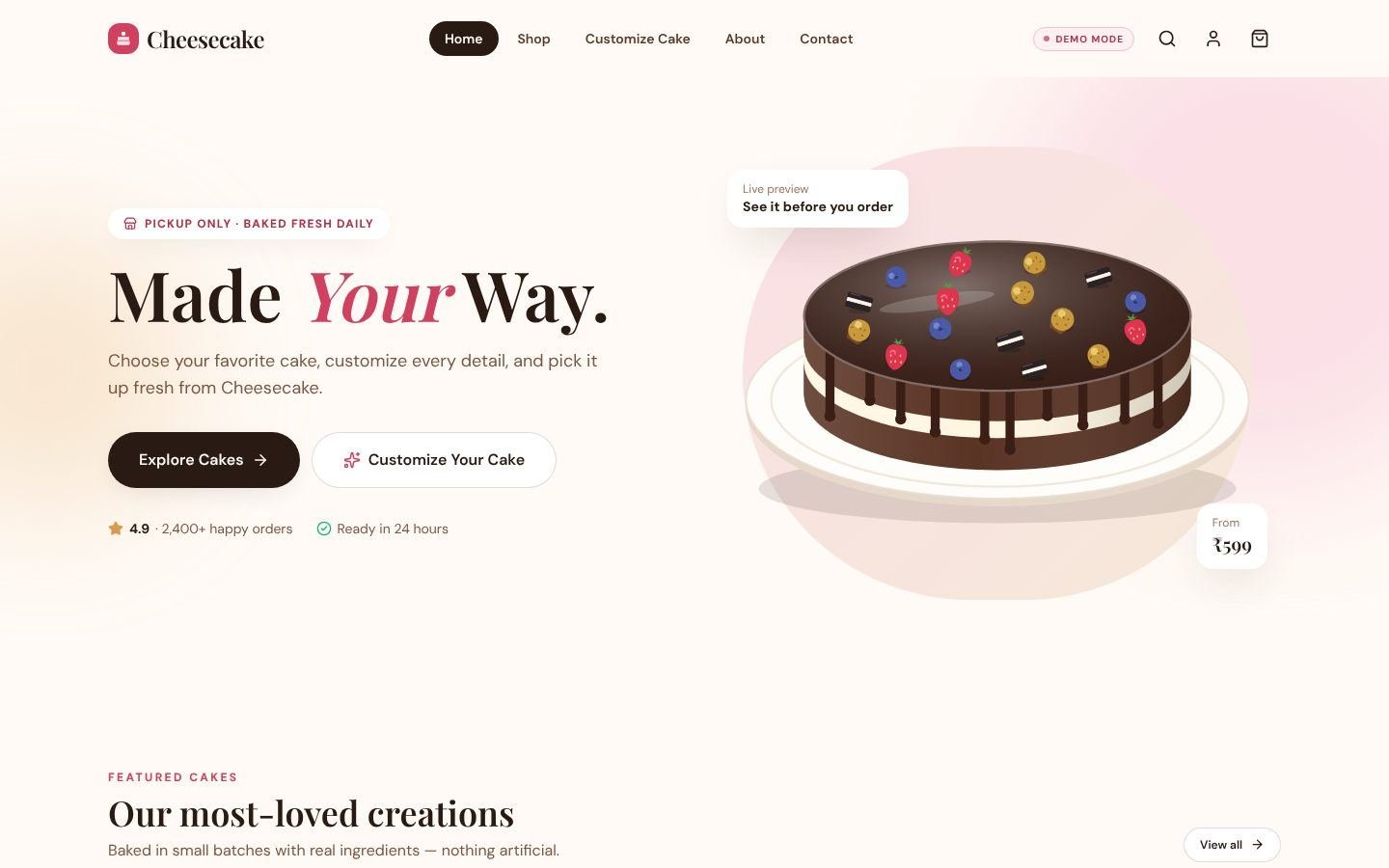 Cheesecake home page with a chocolate cake and the headline Made Your Way