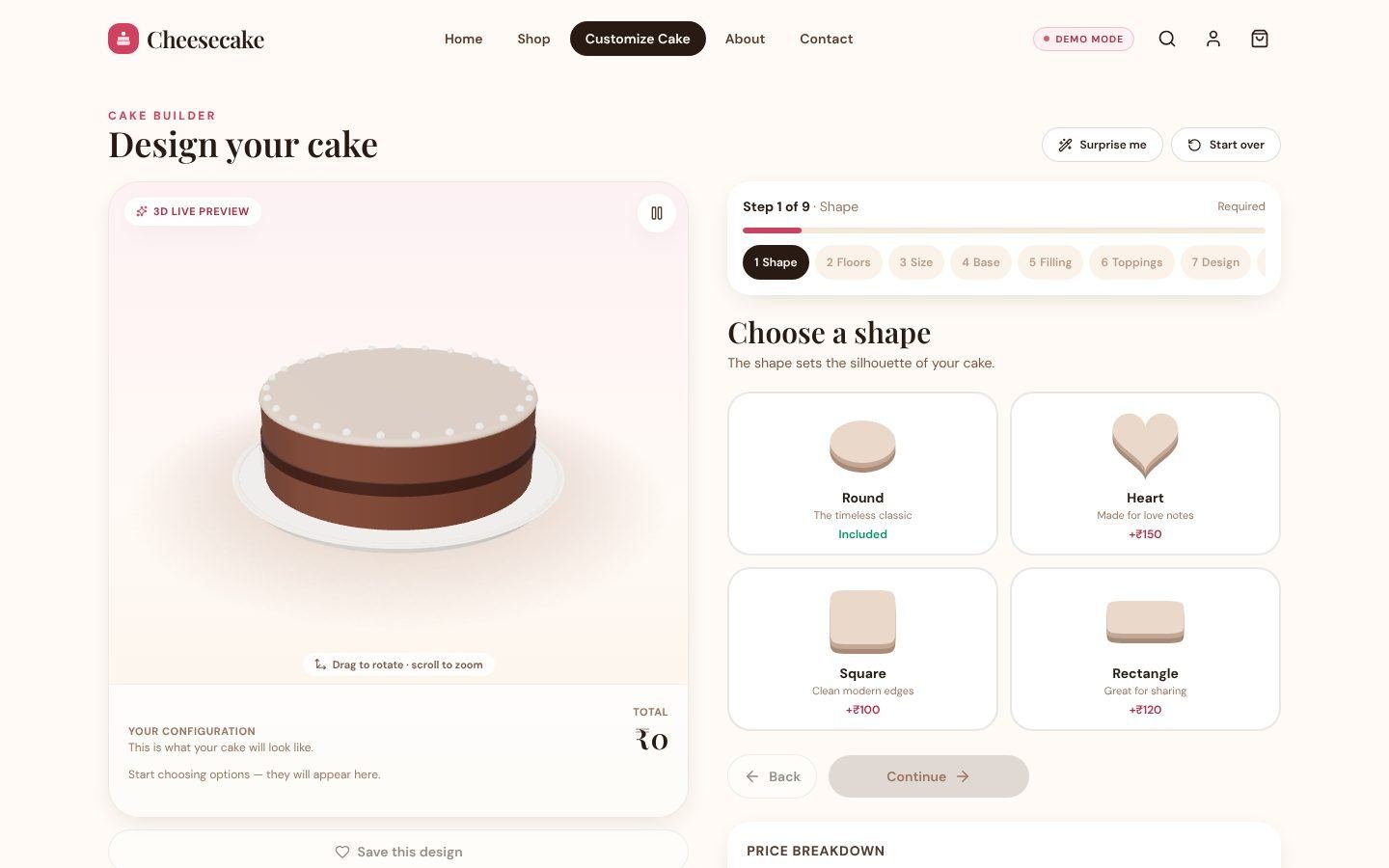 Cheesecake custom cake builder with live preview