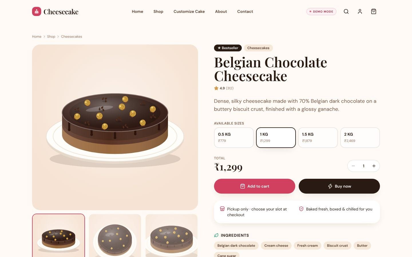 Cheesecake product page for Belgian Chocolate Cheesecake