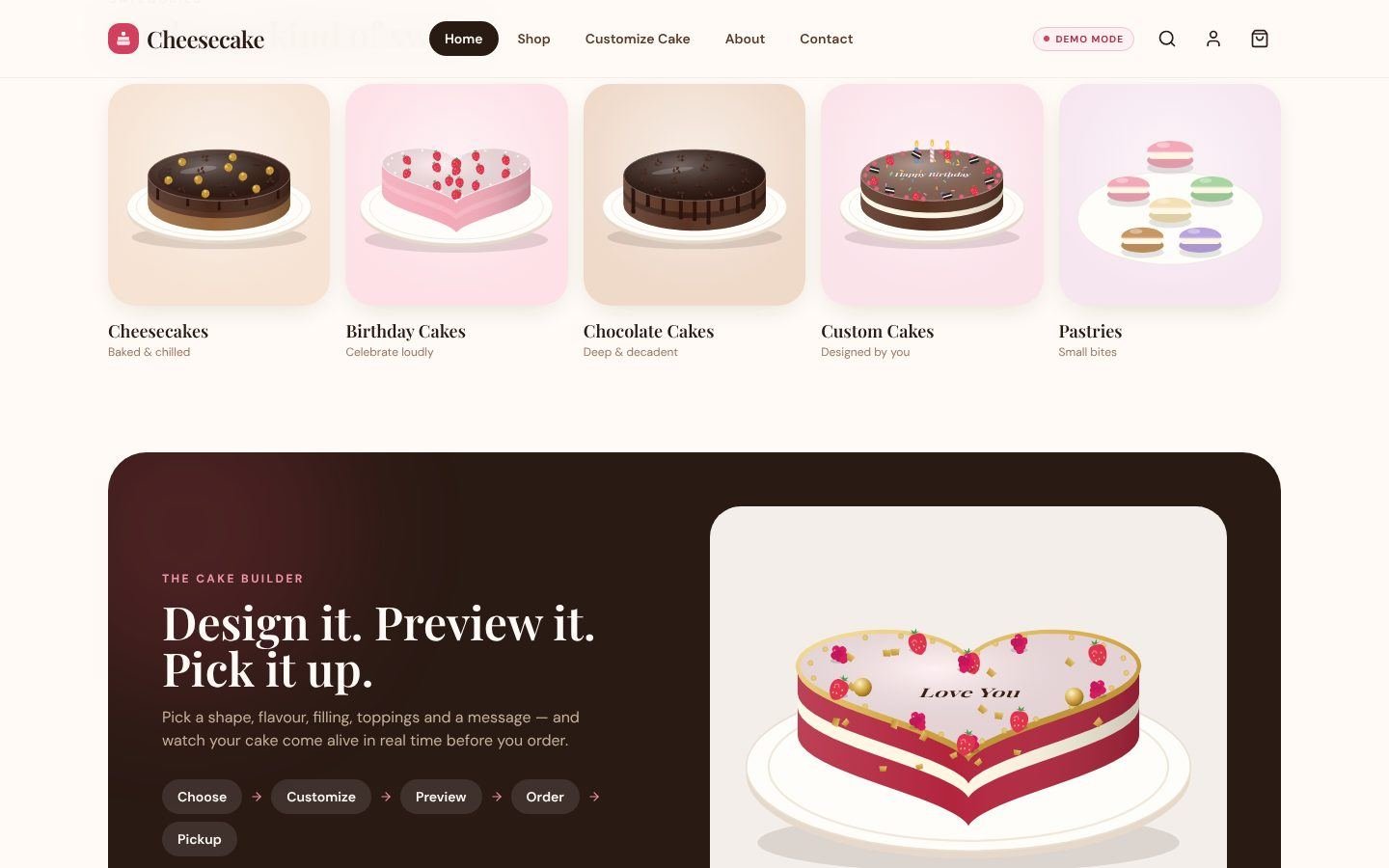 Cheesecake categories and cake builder teaser