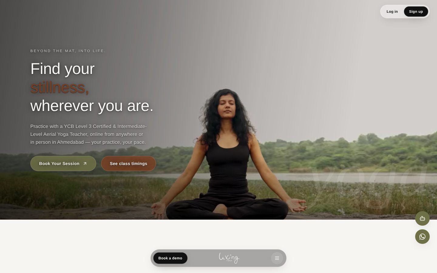 Living Yoga home page with a yoga teacher meditating beside a lake