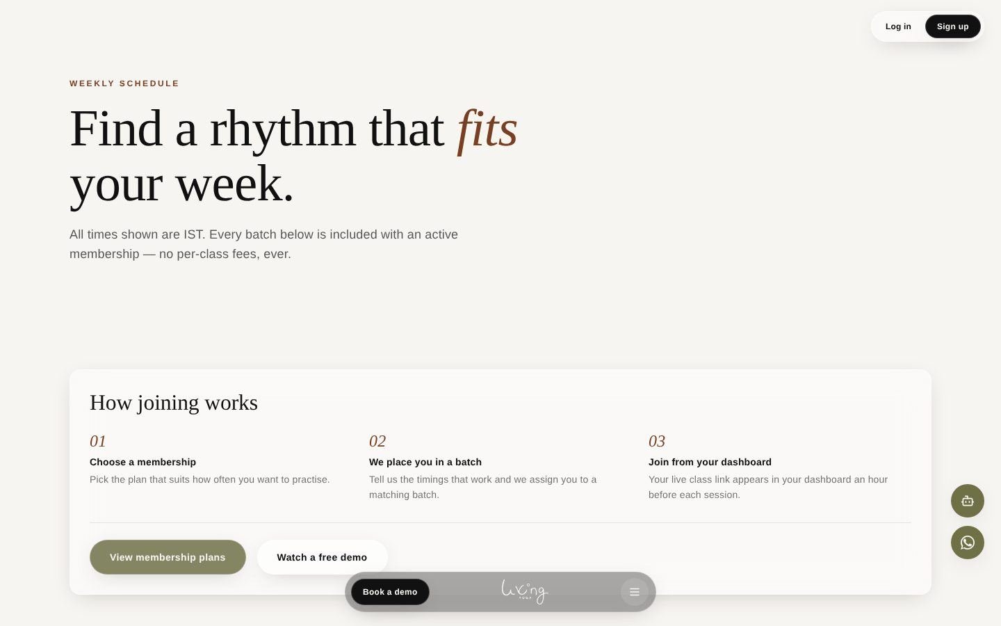 Living Yoga weekly schedule page