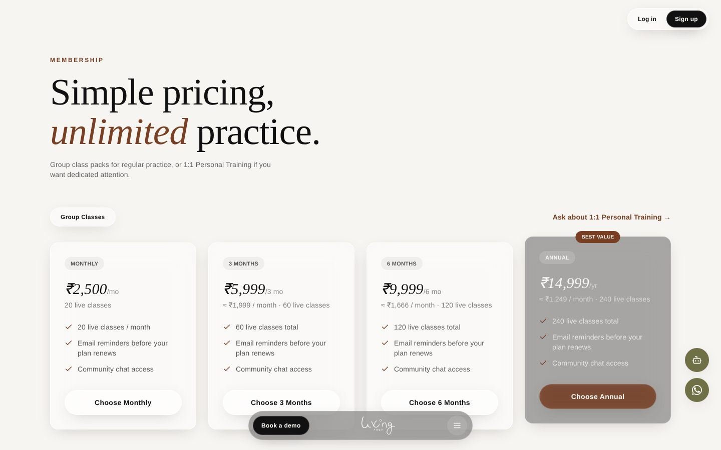 Living Yoga membership pricing