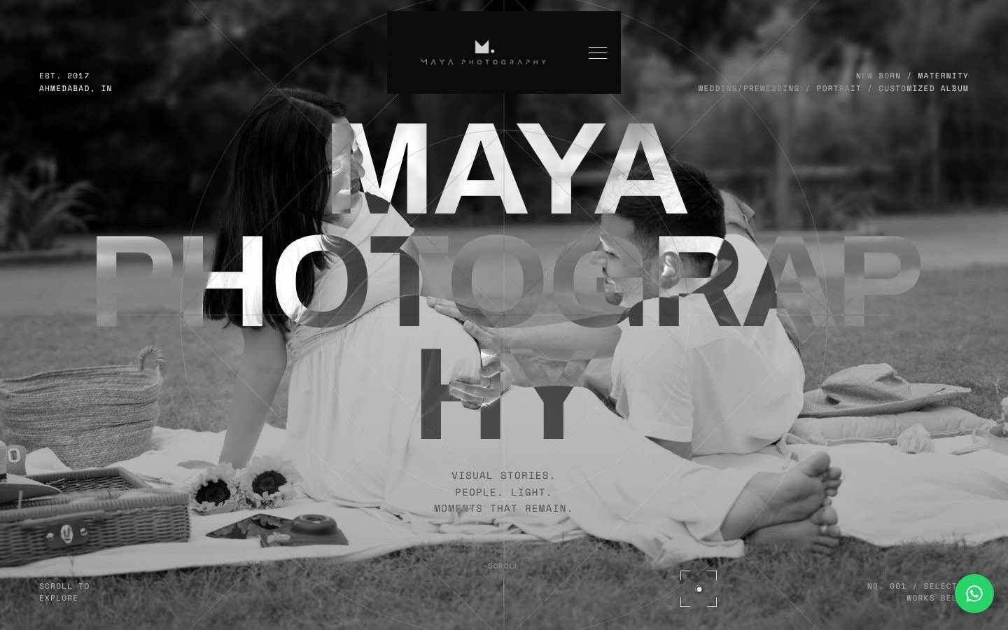 Maya Photography home with a large monochrome headline over a photograph