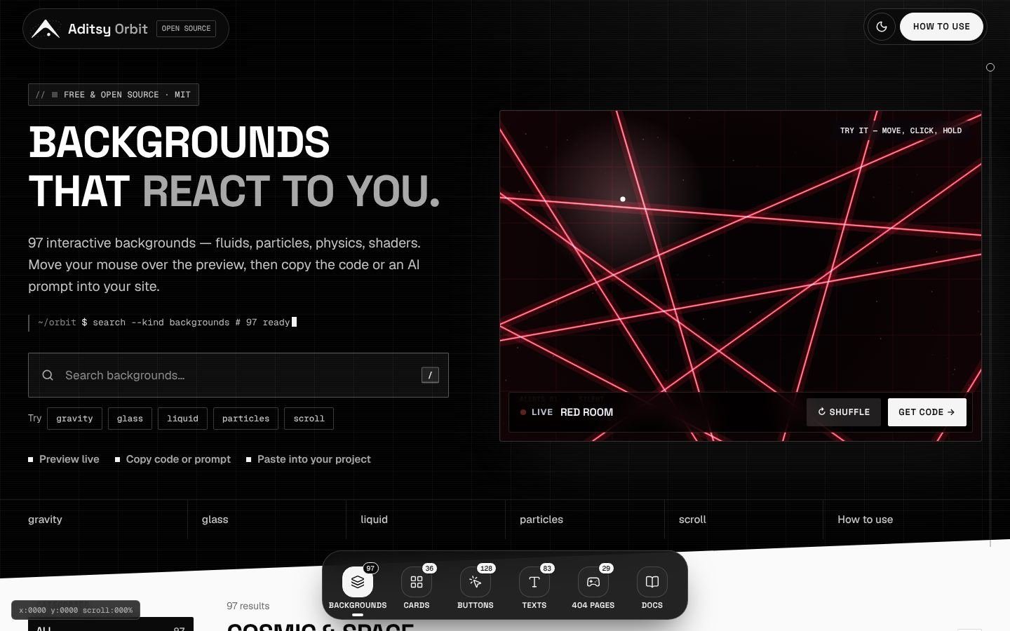 Aditsy Orbit UI library home with a live fabric background preview