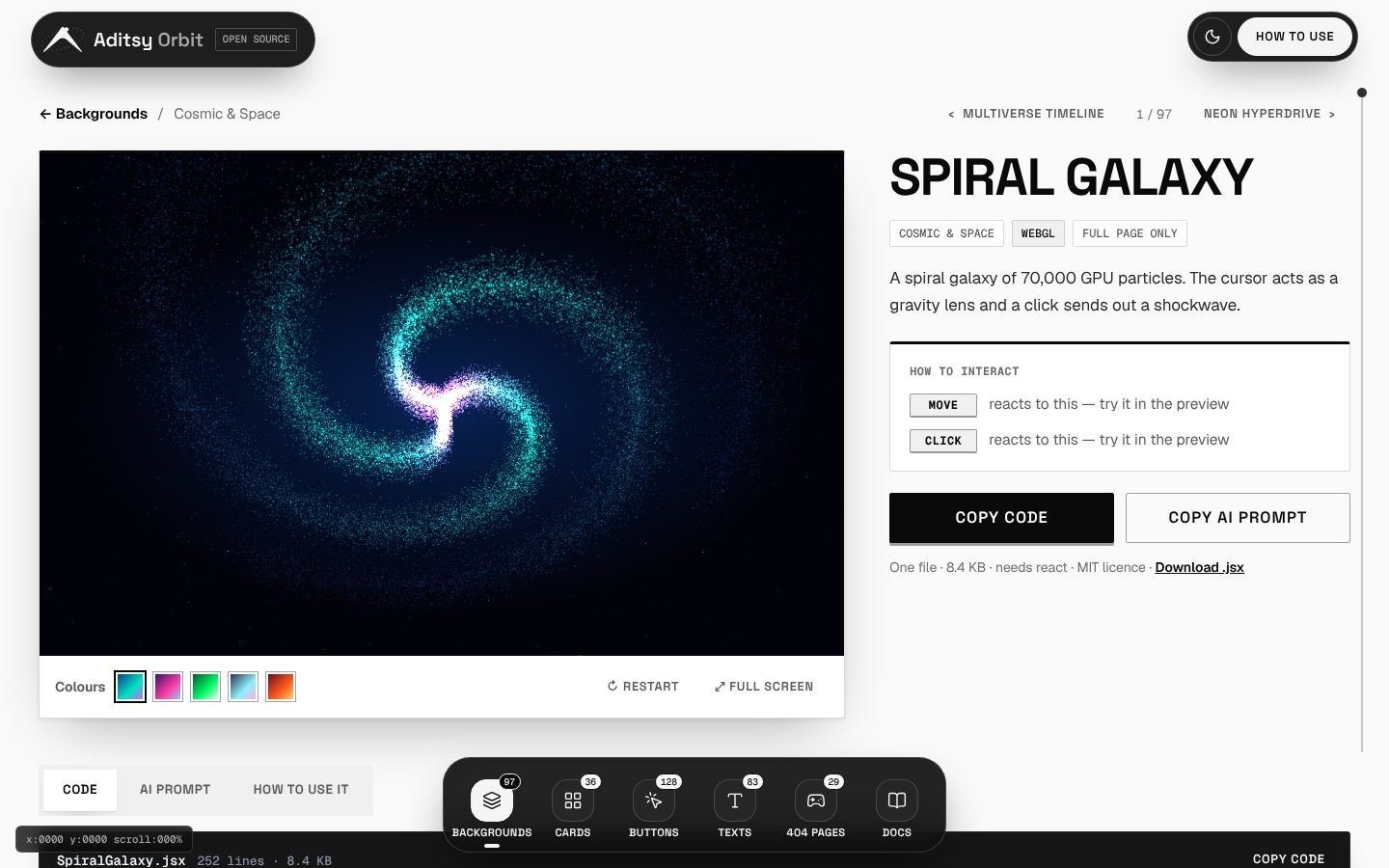 Spiral Galaxy background detail page with code tab