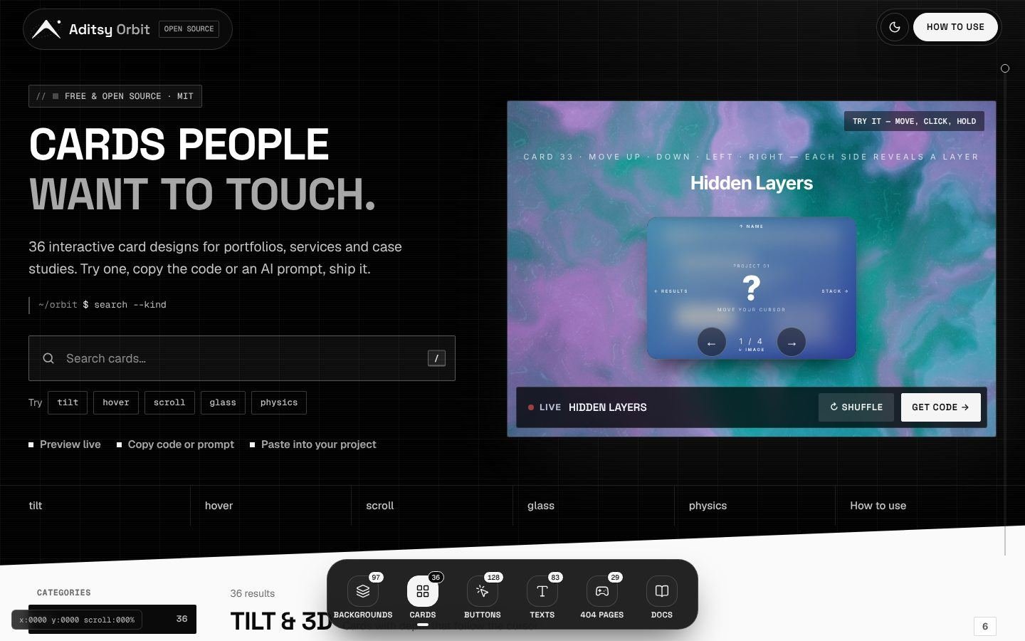 Aditsy Orbit UI cards gallery